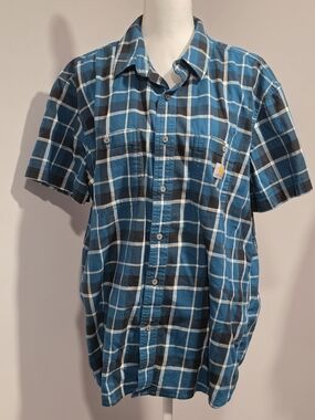 Carhartt Relaxed Fit Teal Plaid Short-Sleeve Button-Down Shirt Mens Size XL